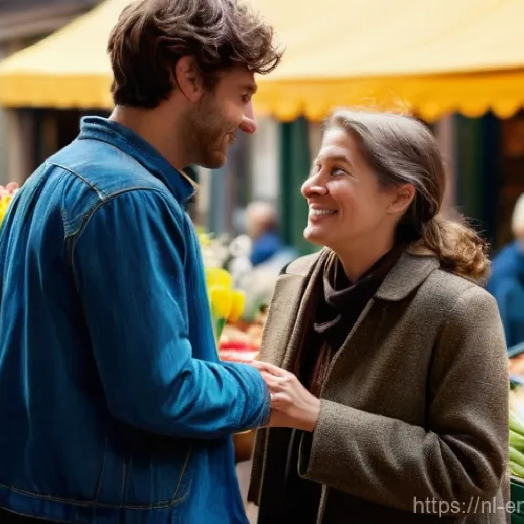 감정전이와 종교적 교훈 - **Prompt:** A vibrant, bustling outdoor market scene in a picturesque Dutch city like Utrecht or Haa...