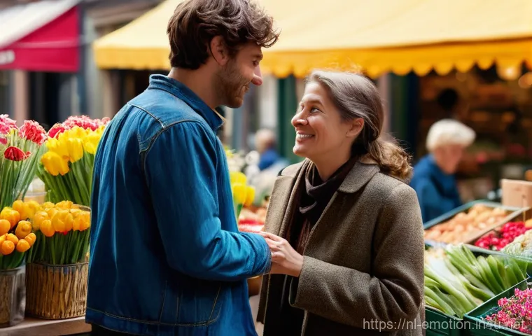 감정전이와 종교적 교훈 - **Prompt:** A vibrant, bustling outdoor market scene in a picturesque Dutch city like Utrecht or Haa...
