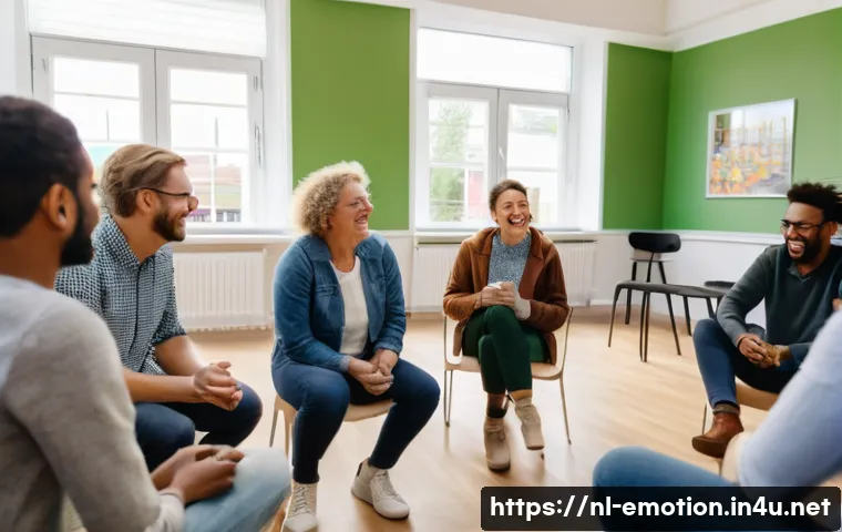 감정전이와 사회적 지원 - A diverse group of people participating in a community emotion management workshop in a bright, mode...