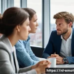 Home 22 감정전이와 감정적 안정 - A modern Dutch office scene during a busy meeting, showing a diverse group of professional adults in...