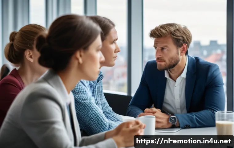 감정전이와 감정적 안정 - A modern Dutch office scene during a busy meeting, showing a diverse group of professional adults in...