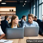 Home 21 감정전이 스트레스 - A diverse group of Dutch office colleagues in a modern Amsterdam workspace, showing subtle body lang...