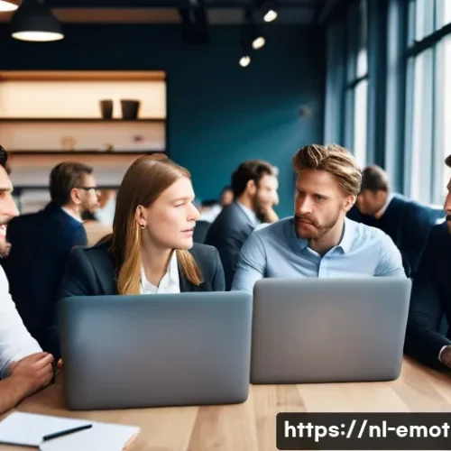 Home 33 감정전이 스트레스 - A diverse group of Dutch office colleagues in a modern Amsterdam workspace, showing subtle body lang...
