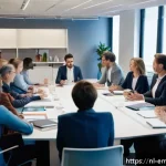 Home 20 감정전이와 심리적 균형 - A serene office meeting scene in a modern Amsterdam-style workspace, showing diverse Dutch professio...
