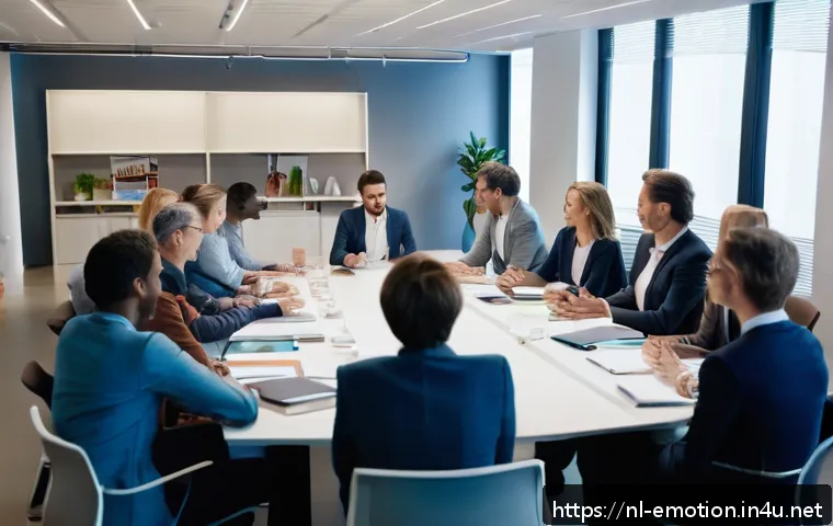 감정전이와 심리적 균형 - A serene office meeting scene in a modern Amsterdam-style workspace, showing diverse Dutch professio...