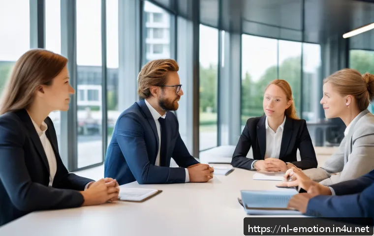 감정전이와 신경과학 - A professional office meeting scene in the Netherlands, showing diverse colleagues engaged in a disc...