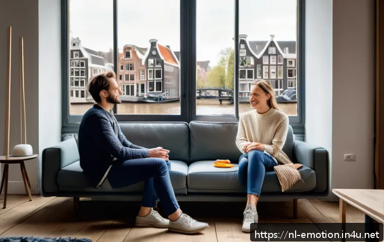 감정전이와 대인적 갈등 해결 - A warm, cozy Dutch living room scene featuring two adults engaged in a heartfelt conversation, sitti...