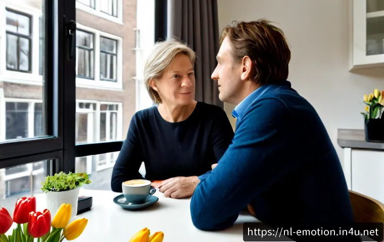 감정전이 결혼생활 - Photorealistic Dutch married couple in their late 50s sitting quietly at a tidy kitchen table in a b...