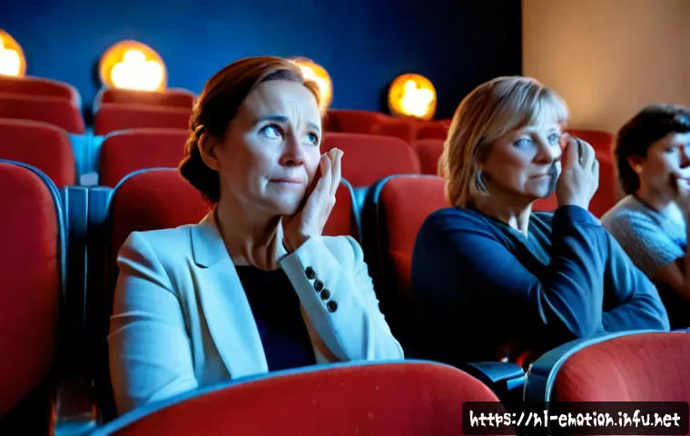 감정전이 영화 속 사례 - Photorealistic Dutch cinema audience during an emotional film scene, a middle-aged woman quietly wip...
